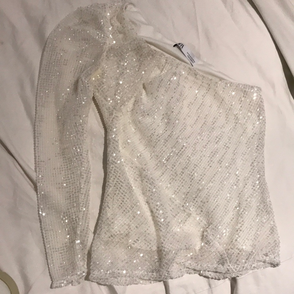Zara White Off-the-Shoulder Sweater with Shimmer